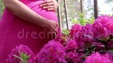 穿着礼服的孕妇在杜鹃花的自然背景下，双手捧腹